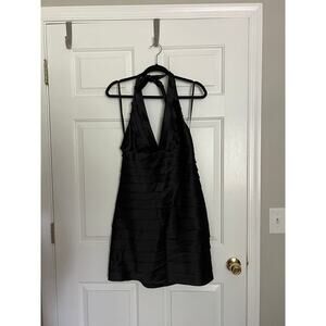 BCBGMaxazria Black Satin Y2K Whimsygoth Halter Cocktail Dress